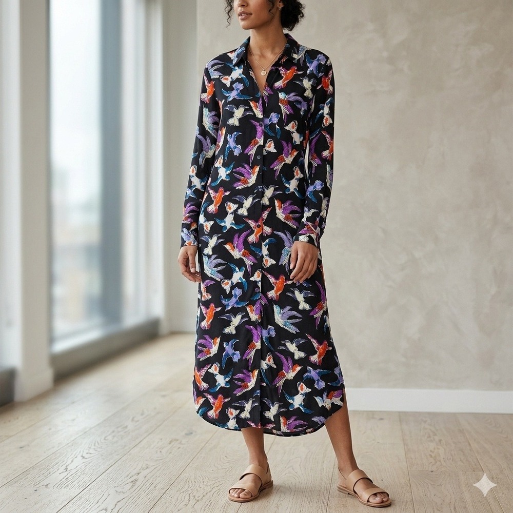 Maeve Anthropologie Womens "Martina" Hummingbird Shirt Dress Size 10 Multicolor